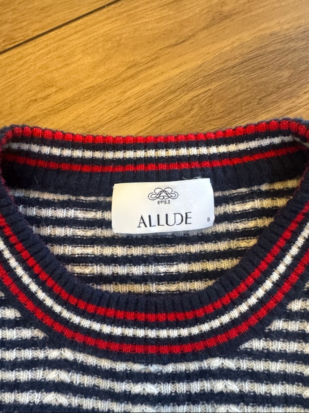 Allude cashmere/wool Striped Navy & White Crewneck Sweater with Red Trim - Picture 2 of 5